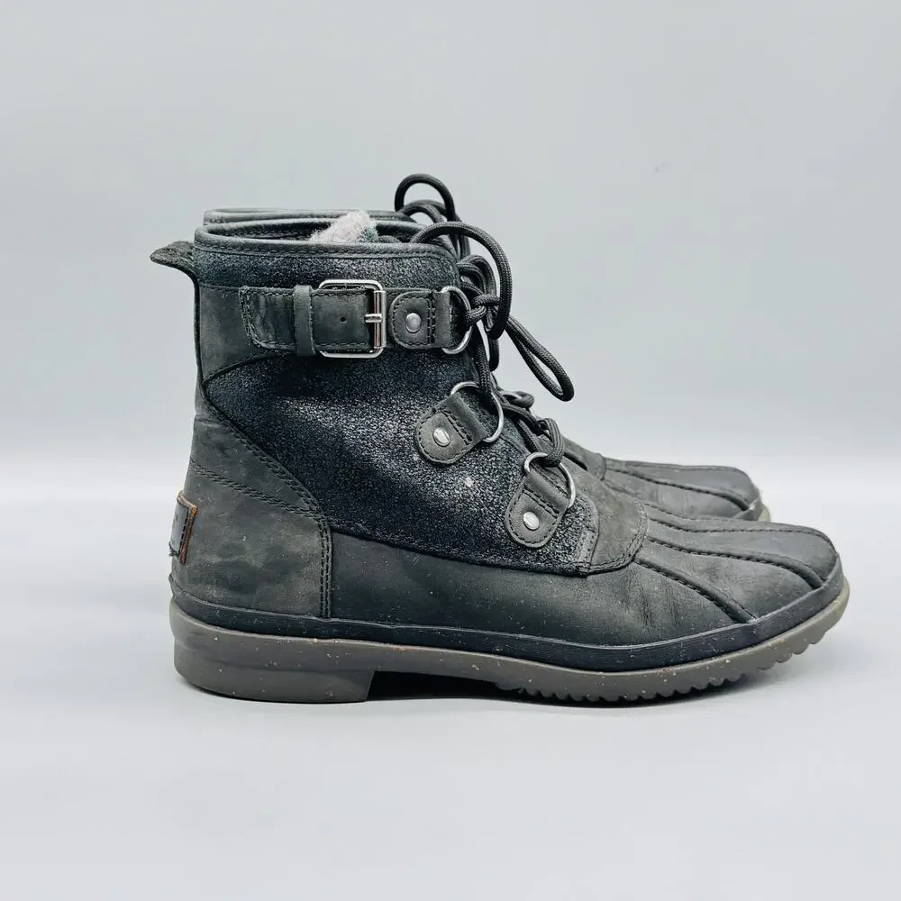 UGG Boots Womens 7 Black Cecile Waterproof Fur Lined Lace Up Ankle Duck Winter